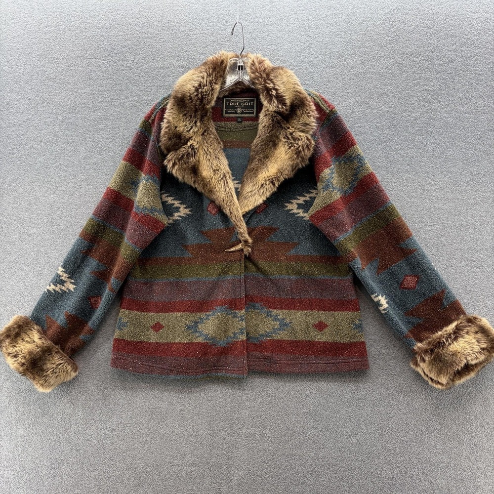 True Grit Jacket Women XL Colorful Aztec Southwest Faux Fur Toggle Boho Western